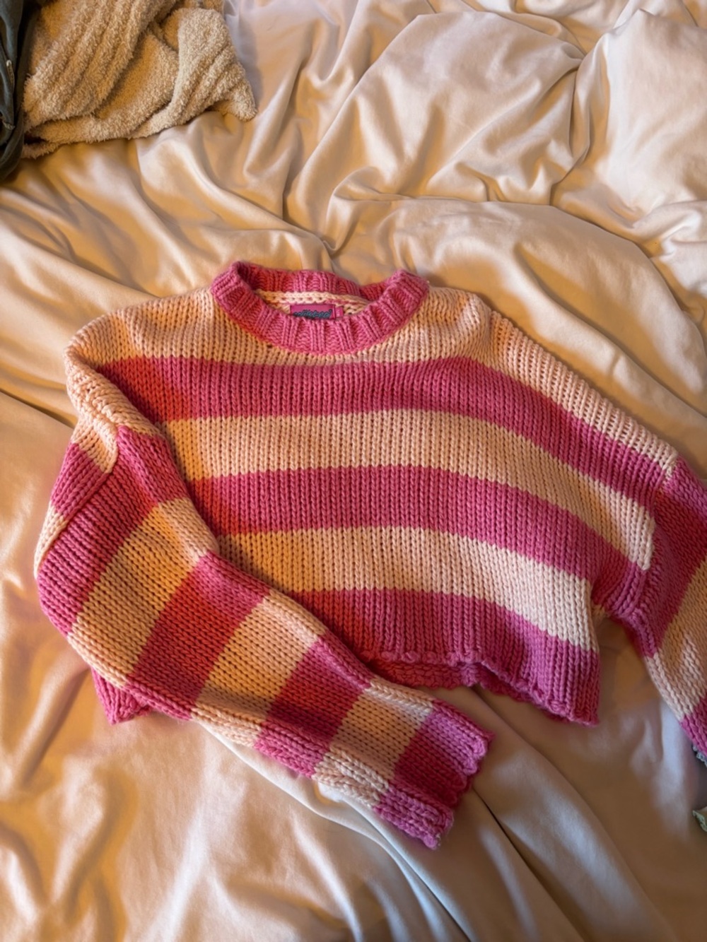 Edikted Pink & Cream Striped Cropped Knit Sweater
